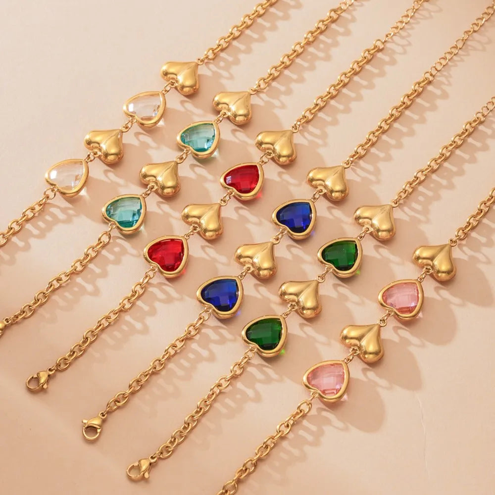 Edelstahl-Halskette, Armbänder, Ohrringe für Frauen, 6 Farben, Herz, facettierte tschechische Glas-Halsketten, Armband, baumelnde Ohrringe-Set