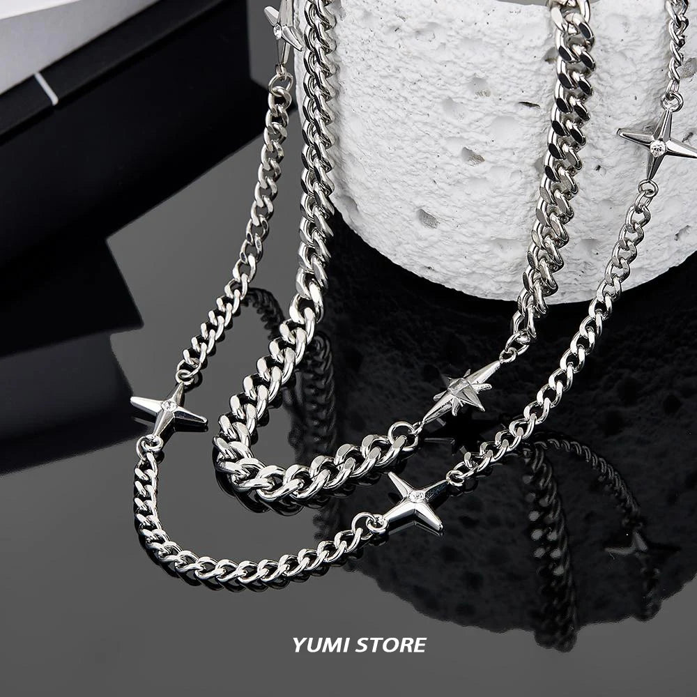 Hip Hop Doppel-schicht Stern Kreuz Halskette Für Mann Frau Titan Stahl Schlüsselbein Kette Choker Punk Männlichen Zubehör Großhandel