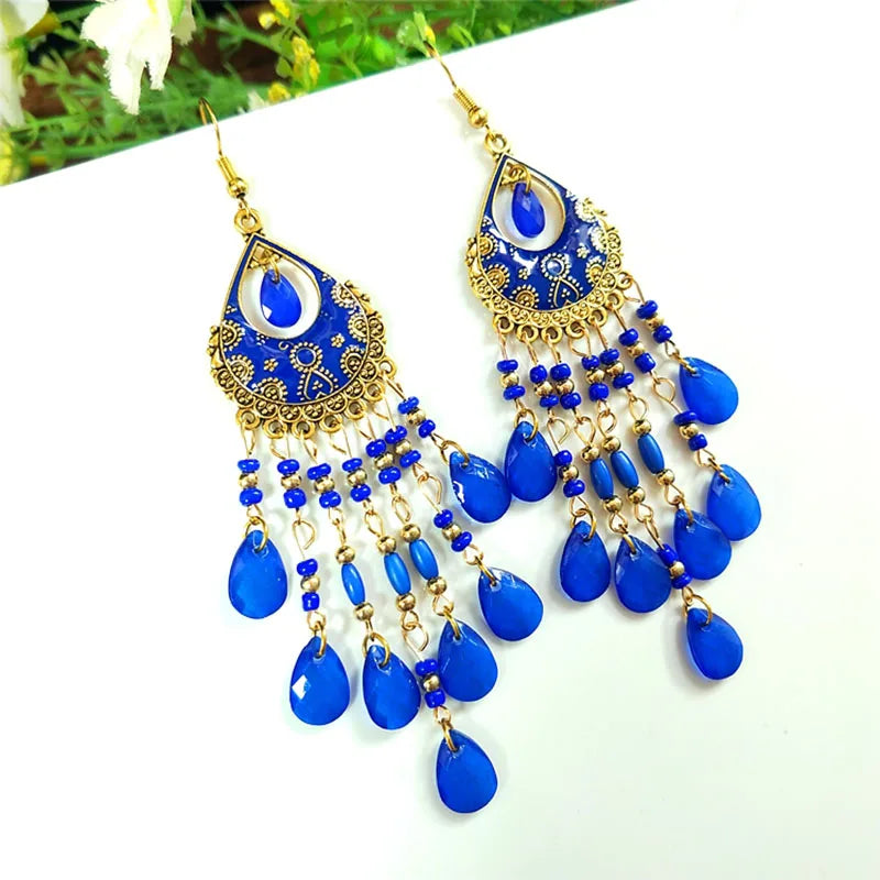Böhmische lange Acryl-Wassertropfen-Quasten-Ohrringe für Frauen, ethnische mehrfarbige Perlen, Tropfenöl, handgefertigte baumelnde Ohrringe, Boho-Schmuck