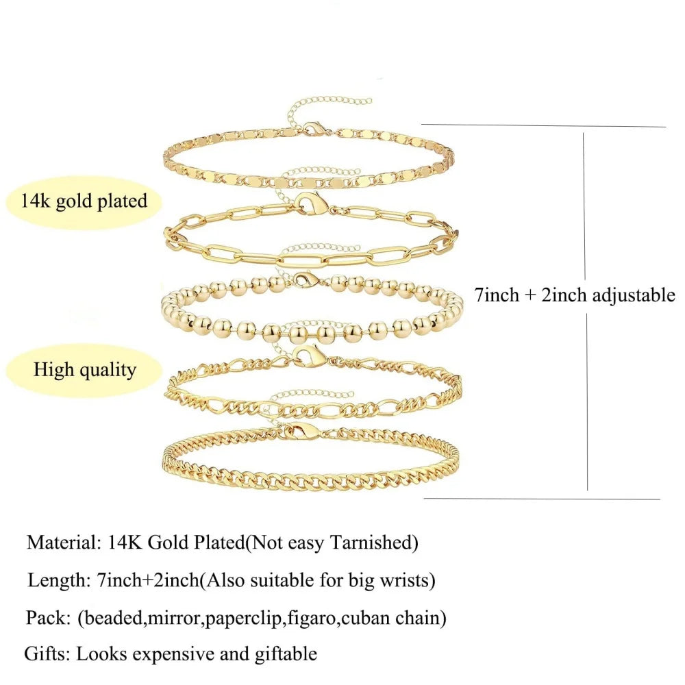 MEDFOLY Goldarmbänder für Frauen, zierlich, 14 Karat vergoldet, wasserdicht, verstellbares Glied, Figaro, kubanisches Büroklammer-Kettenarmband, Geschenke