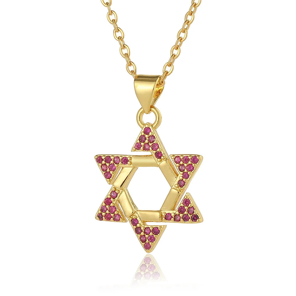 Kubischer Zirkonia-Kristall, jüdischer Davidstern, Anhänger, Kette, Halskette für Damen, vergoldetes Messing, CZ-Steine, Salomosiegel, Schmuck