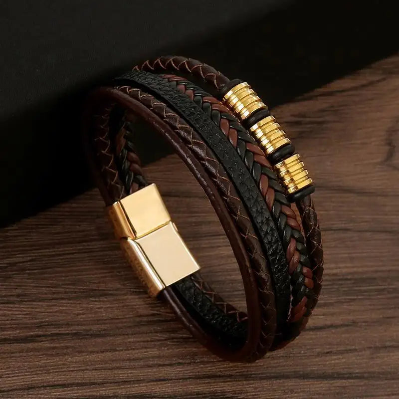 Punk Männer Leder armband mit Edelstahl Magnet verschluss geflochten mehr schicht ige Leder verpackung Armreifen Mann Schmuck Geschenk