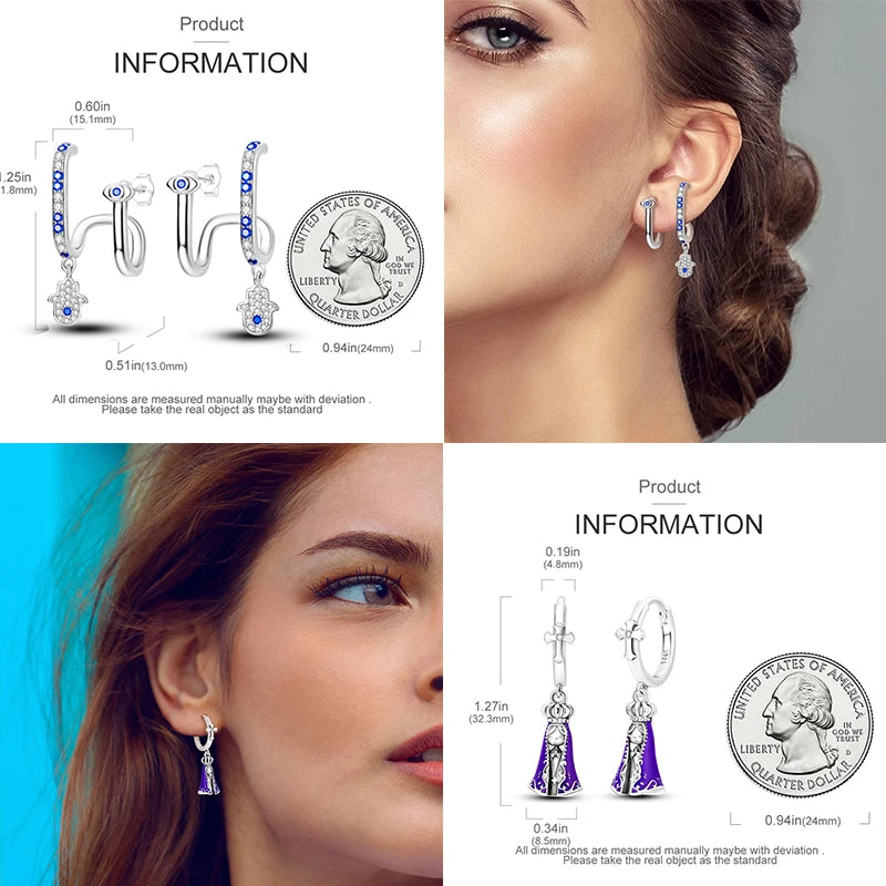 Original 925 Sterling Silber Hand von Fatima Blue Eye of Evil Creolen Kreuz Eardrop Ohrringe für Frauen Geschenk