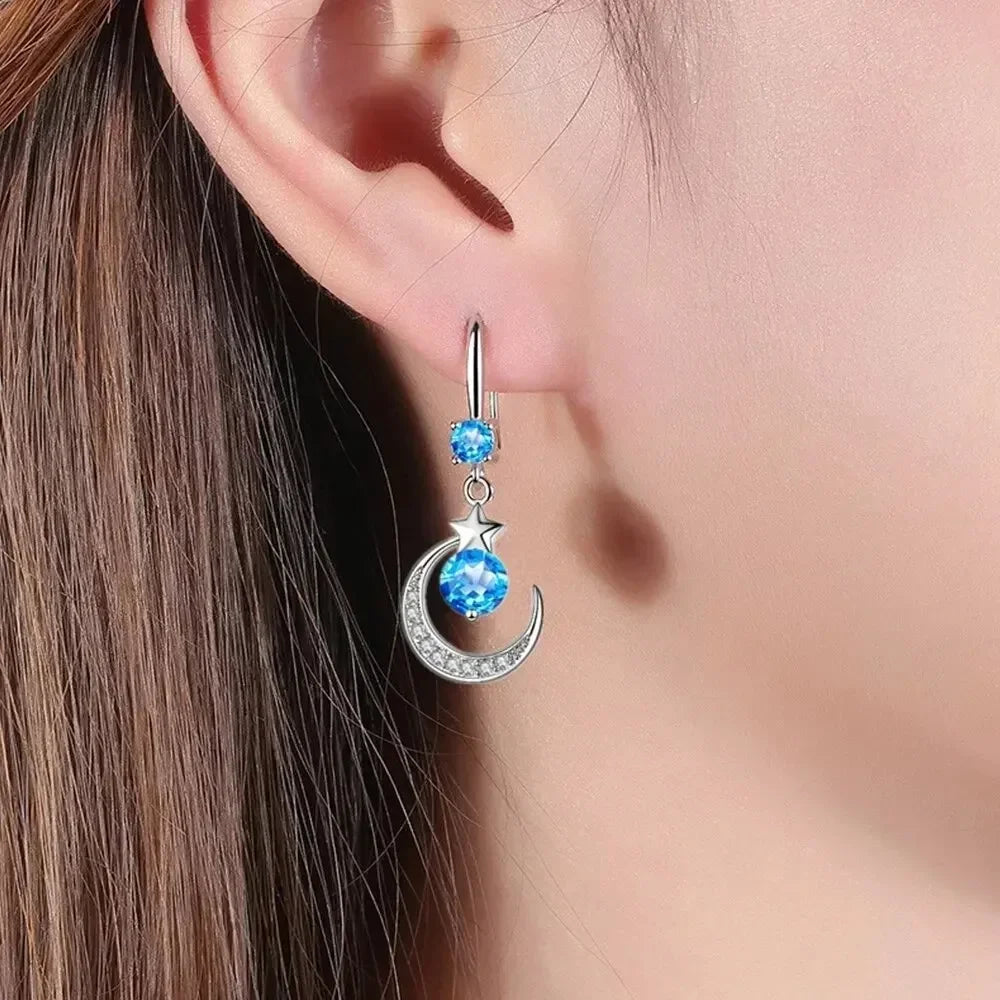 Weibliche Mode Stern Mond Ohrringe 925 Sterling Silber Weißer Saphir Rosa Blau Weiß Künstliche Baumeln Ohrringe