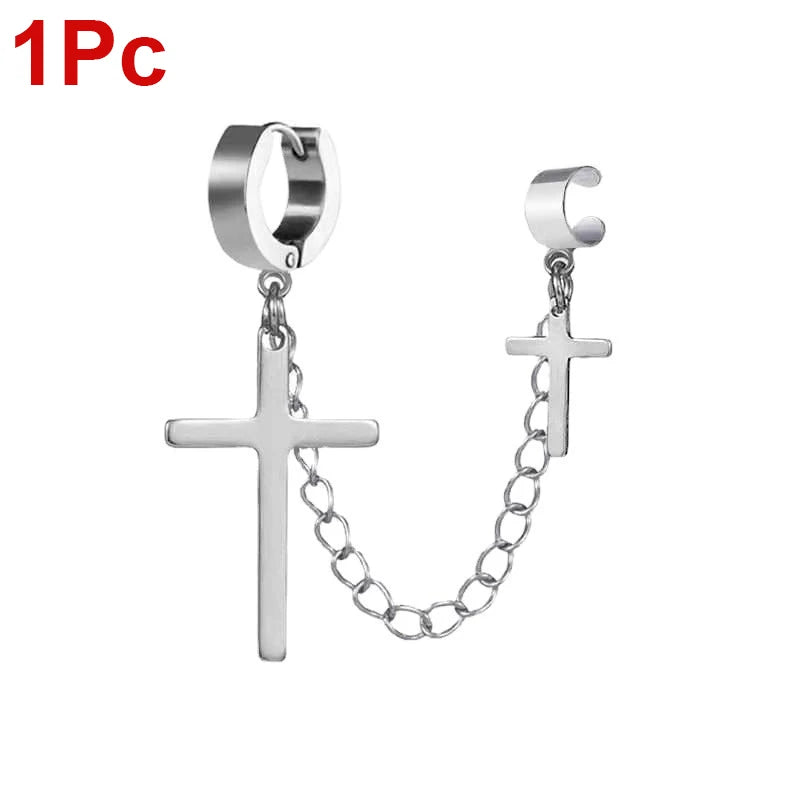 Punk Kreuz Quaste Ohrringe Frauen Integrierte Clip Stud Ohrring Christian Gothic Hip Hop Schmuck Metall Kette Ohr Ring Ohrring Männer