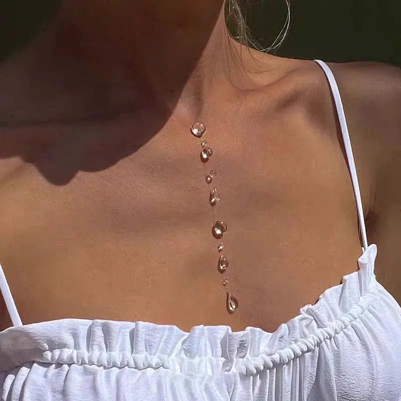 Mode Transparent Wasser Tropfen Halskette Ohrringe Set für Frauen Einfache Kristall Teardrop Dünne Seil Perle Schlüsselbein Kette Schmuck