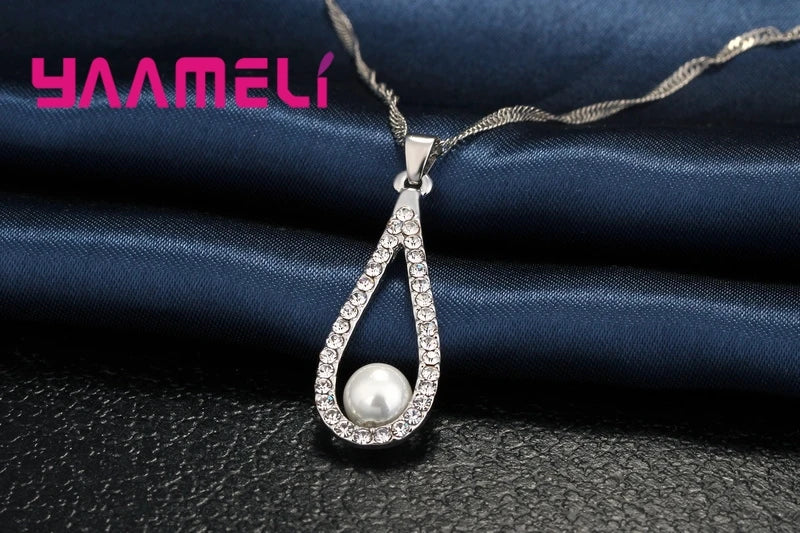 Reine 925 Sterling Silber Shiny CZ Kristall Wasser Tropfen Perle Halsketten Anhänger Kette Ohrringe Frau Feine Hochzeit Schmuck Set Geschenk
