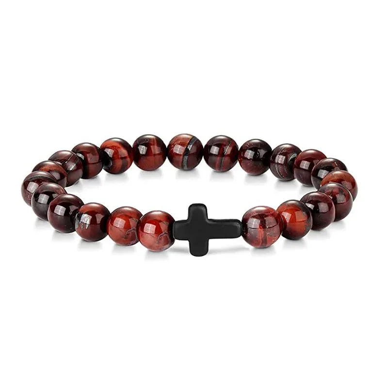 Gebet Männer Naturstein Holz Perlen Rosenkranz Hämatit Kreuz Armbänder Onyx Meditation Armband Frauen Yoga Schmuck Homme Pulsera