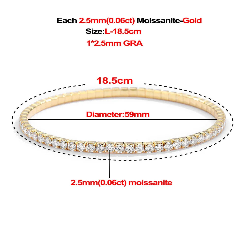 2,5/3 mm voller Moissanit-Tennisarmbänder für Damen und Herren, 925er Sterlingsilber, 18 Karat vergoldet, minimalistischer elastischer Armreif mit GRA