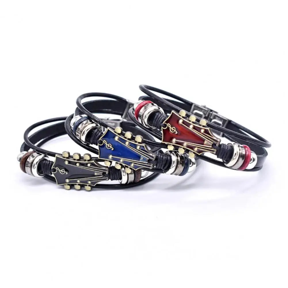 Geflochtenes Gitarrenarmband aus Zinklegierung, verstellbare Schnalle, manuell gewebtes Kunstleder, 3-lagiger Retro-Punk-Handgelenkschmuck