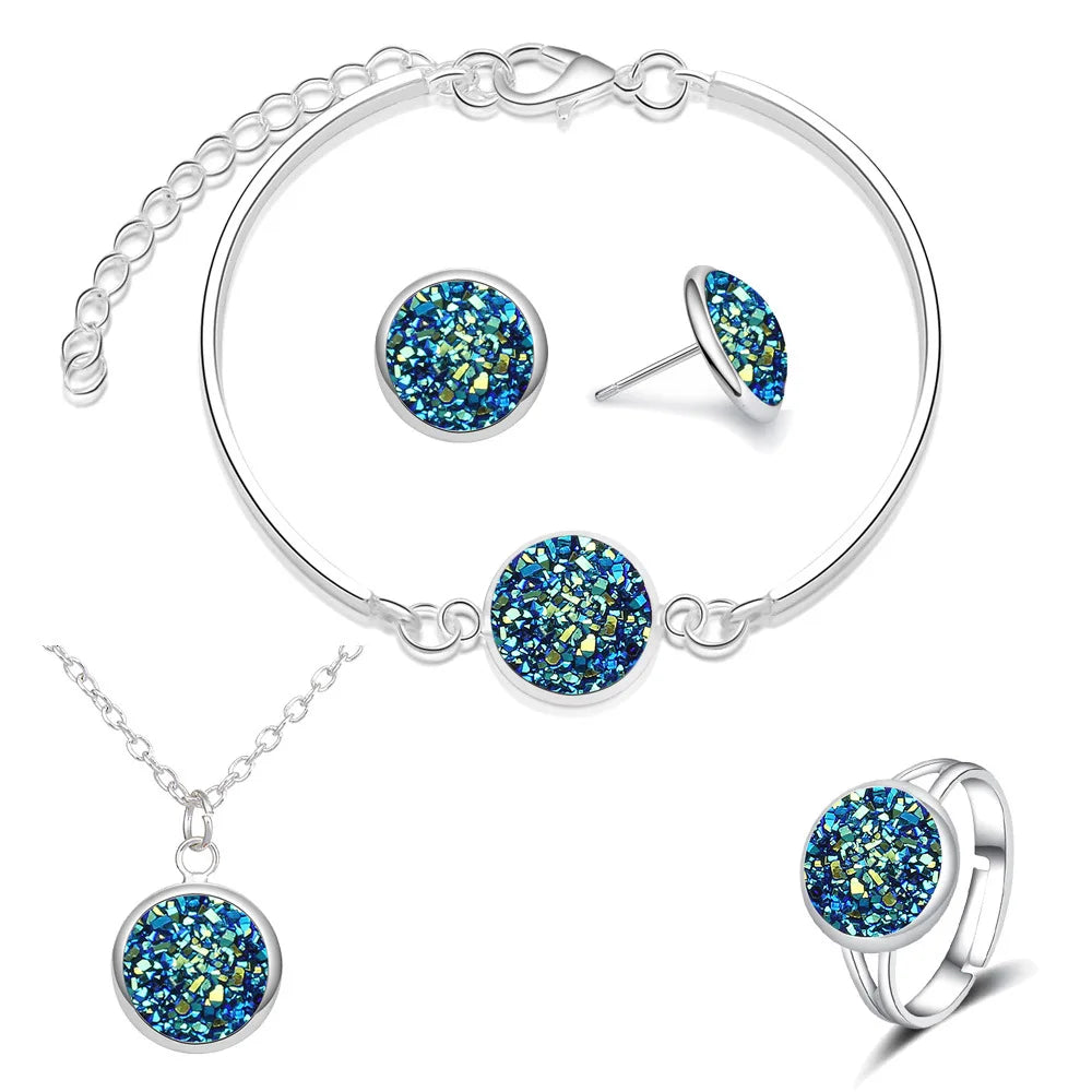 Luxuriöses Quartz-Strass-Schmuckset für Frauen, einfache runde Ohrringe, Halsketten-Set, Brautschmuck, 4-teilig, versilberter Schmuck