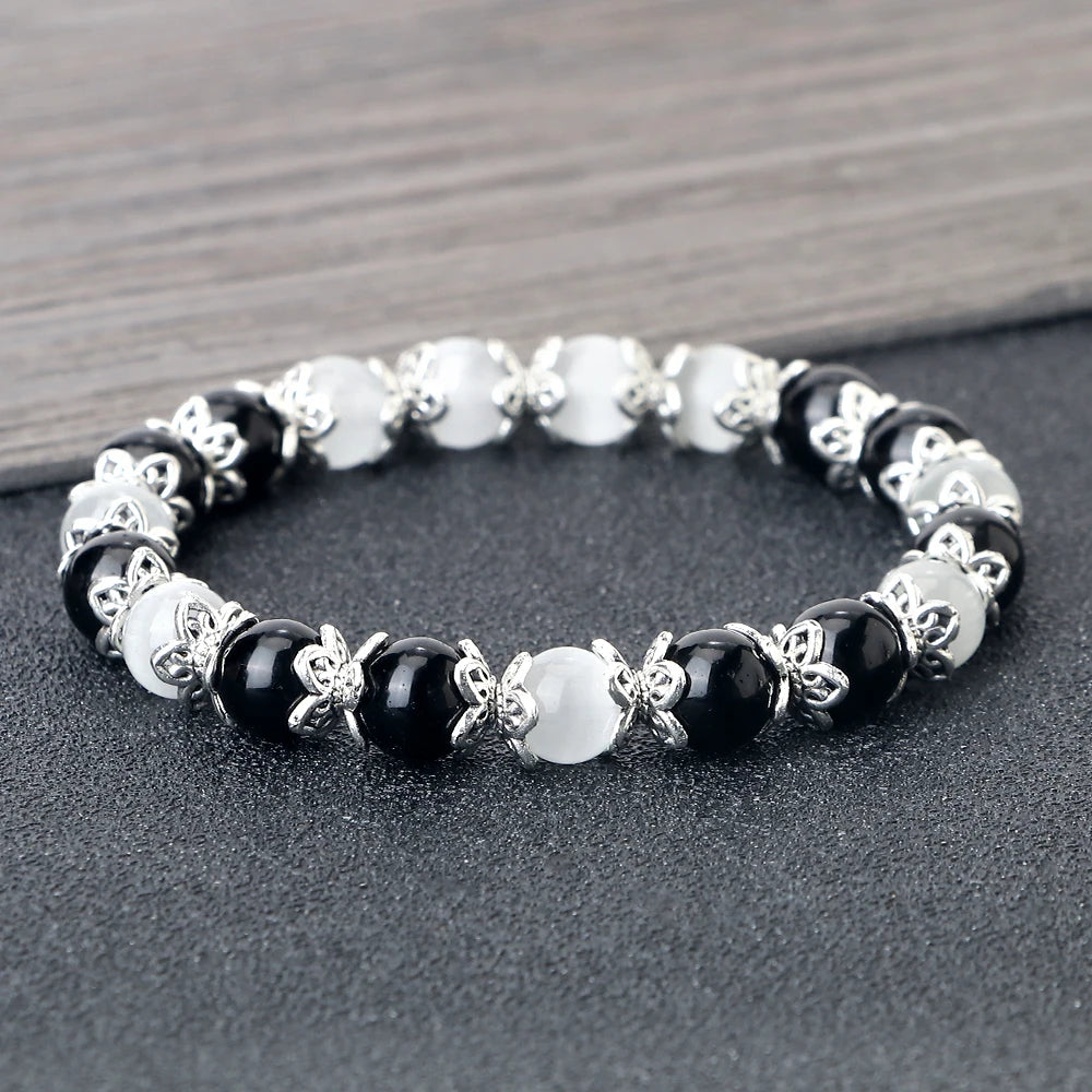 Gebet Lotus Legierung Spacer Perlen Armband 8mm Natürliche Cat Eye Streifen Achat Perlen Armreif Kette Pulsera Schmuck Geschenk für freund Neue