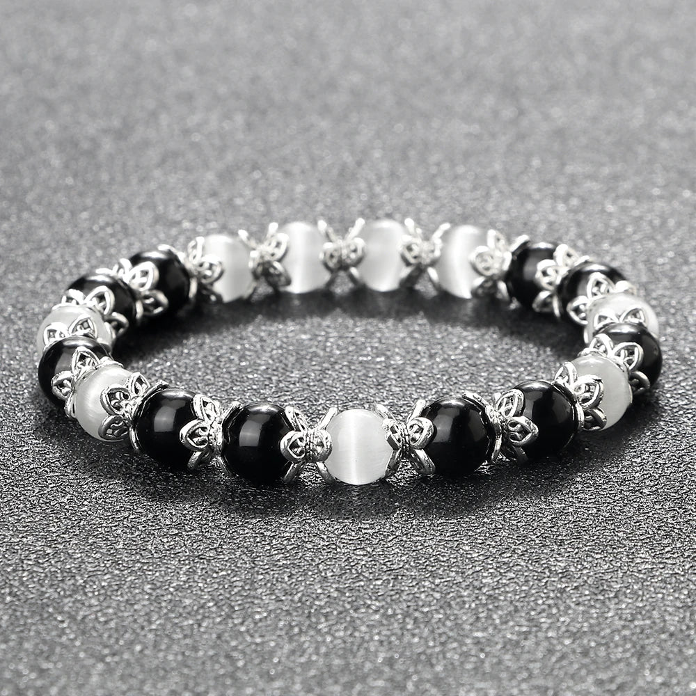 Gebet Lotus Legierung Spacer Perlen Armband 8mm Natürliche Cat Eye Streifen Achat Perlen Armreif Kette Pulsera Schmuck Geschenk für freund Neue