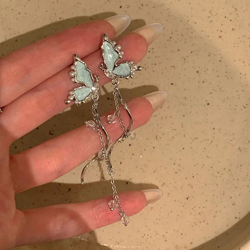 Temperament Blau Glasierte Schmetterling Baumeln Ohrringe Für Frauen Strass Perle Quaste Anhänger Ohr Ringe Party Dame Schmuck Geschenke