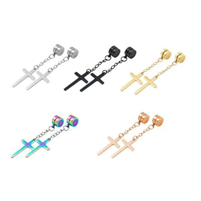 Punk Kreuz Anhänger Quaste Edelstahl Ohrringe Magnet Mode Geometrische Clip Ohr Schmuck Party Geschenke Für Frauen Männer