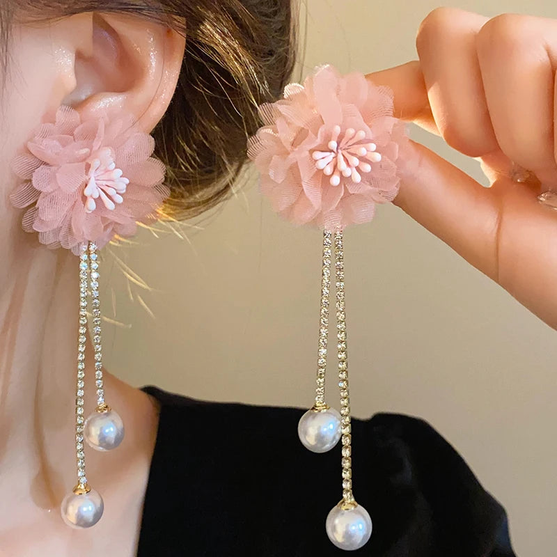 Rosa Blumen Mesh Lange Quaste Ohrringe Für Frauen Süße Temperament Kristall Tropfen Baumeln Ohrring Party Hochzeit Schmuck Großhandel