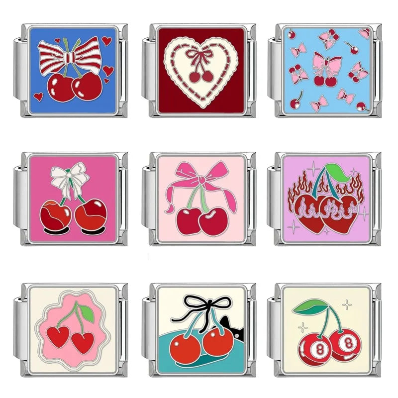 Niedliche Schleife, Knoten, Herz, Kirsche, süß, rosa, rot, italienische Charm-Verbindungen, passend für 9 mm Armbänder, Edelstahl, Damenschmuck, DIY-Herstellung von Geschenken