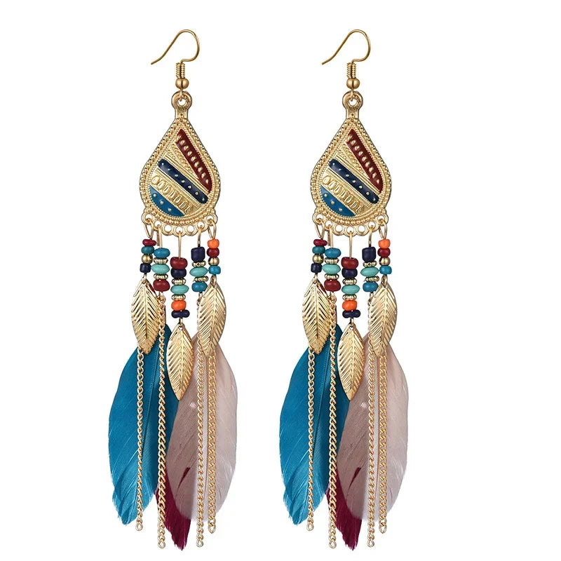 Bohemian Bunte Feder Quaste Ohrringe Für Frauen Ethnische Perlen Tropfen Aussage Hängende Ohrringe Mädchen Mode Schmuck Geschenk