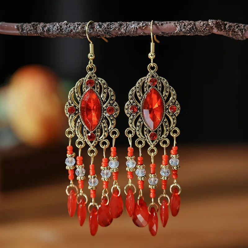 Vintage böhmischen langen Tropfen baumeln Ohrringe für Frauen geometrische Perlen handgemachte Quaste Kristall ethnischen Boho Hochzeit Ohrringe Schmuck