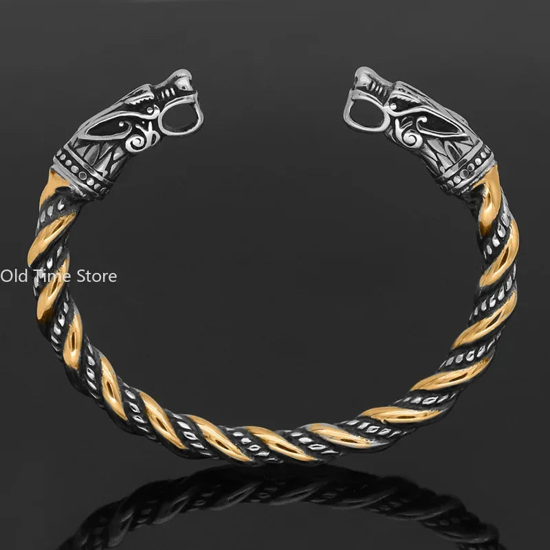 Viking Drachenkopf Manschettenarmband Vintage Twined Gold Silber Farbe Edelstahl Herren Persönlichkeit Punk Hip Hop Schmuck