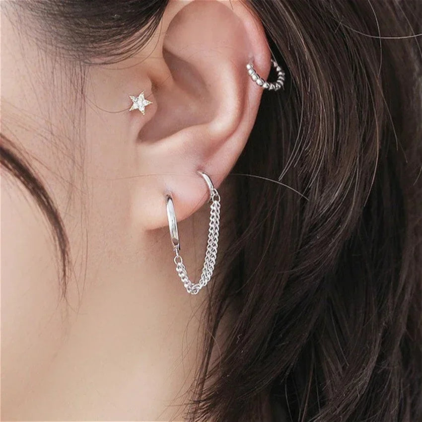 Punk Coole Zwei Loch Piercing Ohrringe Gold Silber Farbe Lange Quaste Kette Tropfen Ohrringe für Frauen Mode Schmuck Geschenke Koreanische