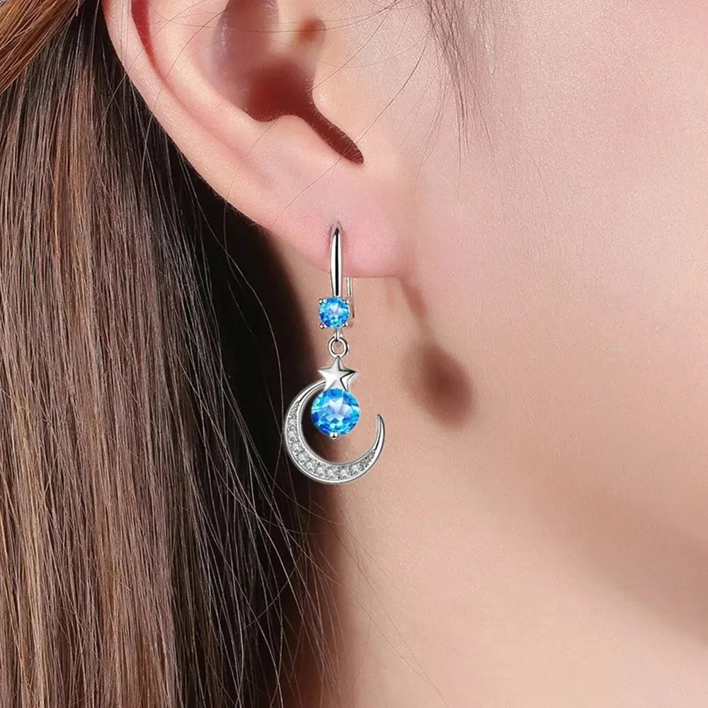 Weibliche Mode Stern Mond Ohrringe 925 Sterling Silber Weißer Saphir Rosa Blau Weiß Künstliche Baumeln Ohrringe