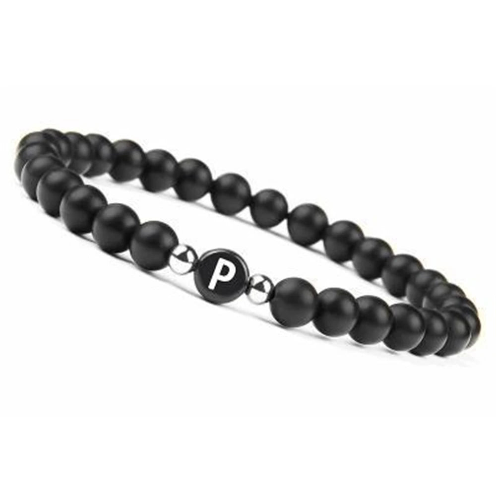 6 mm 26 Buchstaben-Armband, Unisex, schwarzer mattierter Stein, Perlen-Armreif, handgefertigt, DIY-Armband für Frauen, Männer, Paare, Freundschaftsgeschenke