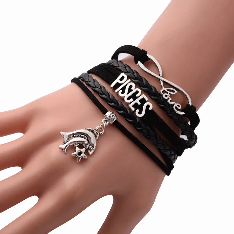 12-Sternbild-Sternzeichen, schwarzes geflochtenes Lederarmband, Krebs, Löwe, Jungfrau, Waage, gewebter Schmuck, Punk-Männer-Anhänger-Armband 2022