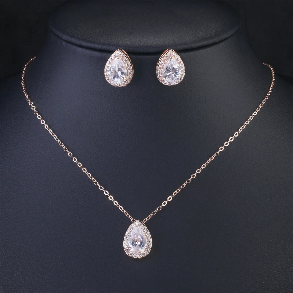 ZAKOL Klassisches Wassertropfen-Zirkonia-Hochzeitsschmuck-Set für Frauen, glänzender AAA-Kubikzirkon, Ohrringe, Halskette, Schmucksets, Geschenk