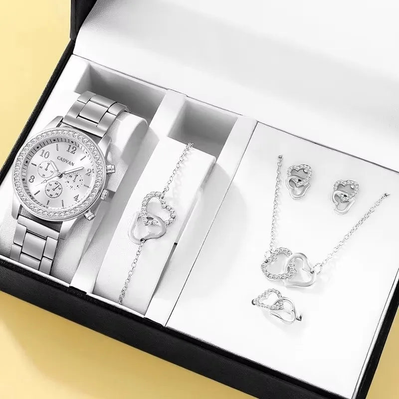 6 Stück Set Roségold Luxus uhr Damen Ring Halskette Ohrring Strass Mode Armbanduhr lässig Damen Armband Uhren