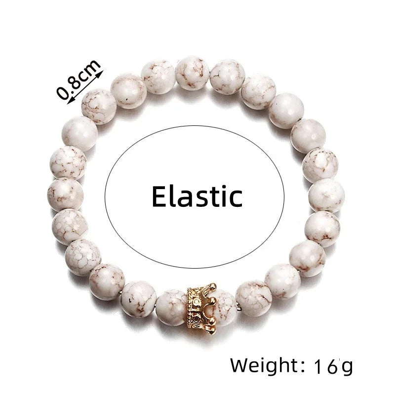 8MM Weiß Kiefer Vulkanstein Armband Elastischen Faden Eingestellt Perle Neue Vulkanstein Krone Armband Für Frauen Männer Schmuck geschenk