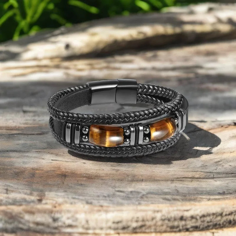 Tigerauge schwarzes Lederarmband Herren natürlicher Edelstein Kristall Stein Schmuck handgemachte Mut Stress Relief Schutz Armband