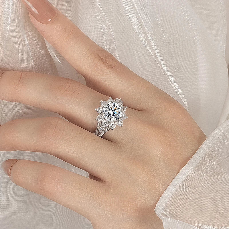 PERFANY 3CT Sonnenblumen-Moissanit-Ring für Damen, S925 reines Silber vergoldet, 18 Karat Weißgold, Diamant, luxuriöser Hochzeitsschmuck
