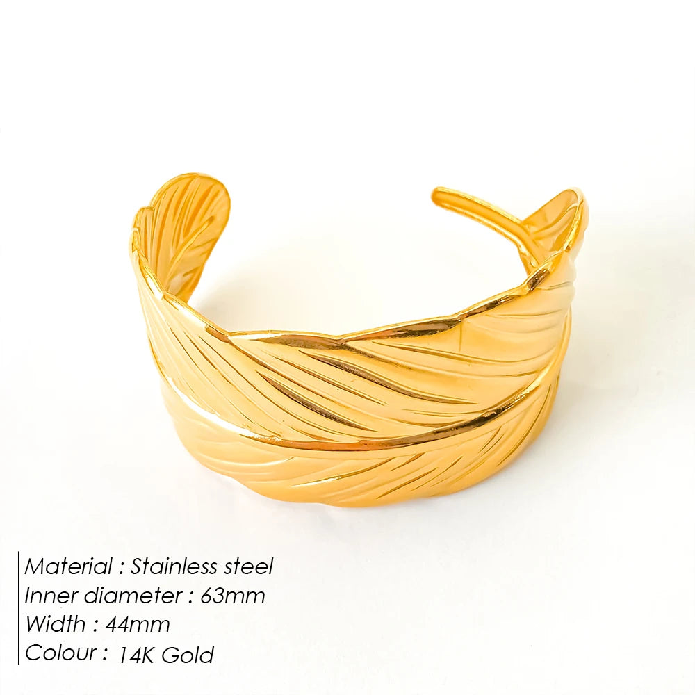 eManco Edelstahl Damen breite Armreifen Luxus vergoldet Blatt Manschette Armband Femme Vintage-Schmuck Geschenk 48-Stunden-Versand