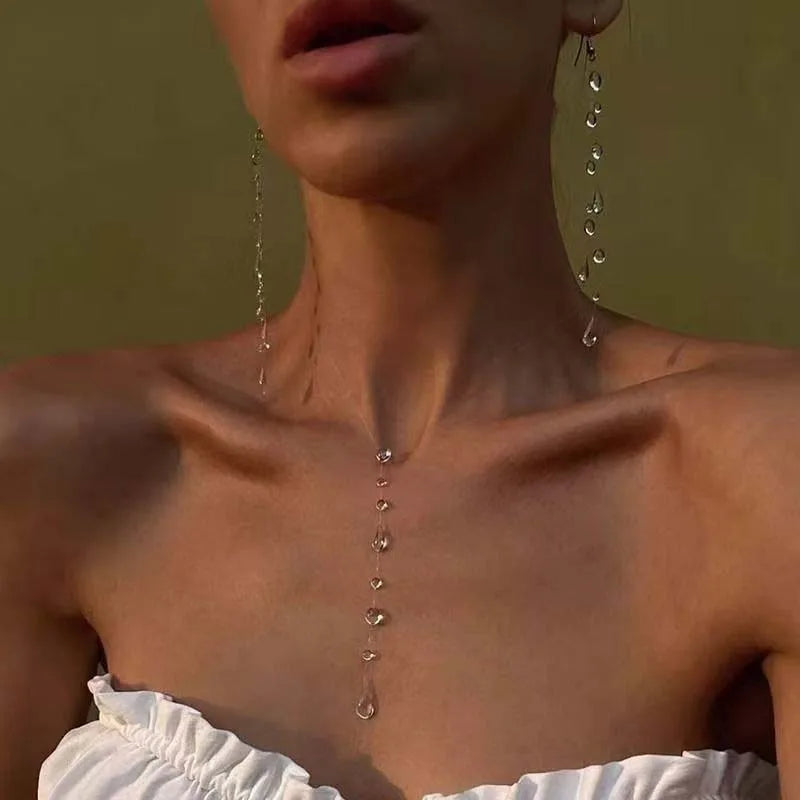 Mode Transparent Wasser Tropfen Halskette Ohrringe Set für Frauen Einfache Kristall Teardrop Dünne Seil Perle Schlüsselbein Kette Schmuck