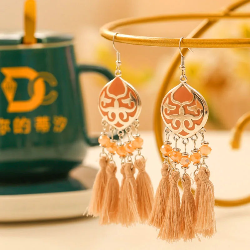 Vintage Ethnische Bunte Quaste Ohrringe für Frauen Elegante Pfirsich Herz Kristall Legierung Ohrring Party Hochzeit Täglichen Schmuck