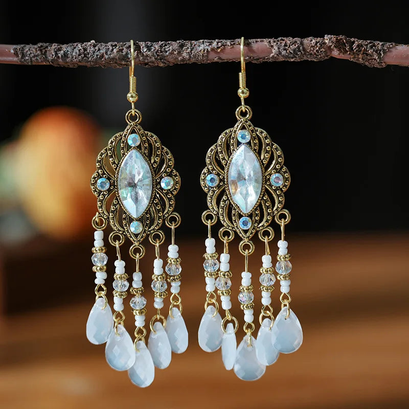 Vintage böhmischen langen Tropfen baumeln Ohrringe für Frauen geometrische Perlen handgemachte Quaste Kristall ethnischen Boho Hochzeit Ohrringe Schmuck
