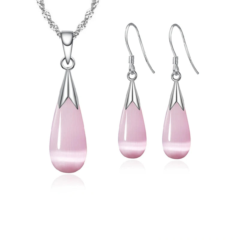 Reines 925 Sterling Silber Schmuck Set einfache weiße rosa Wasser tropfen Opal Katzenauge Steine Anhänger Halskette/Haken Ohrringe/Kette