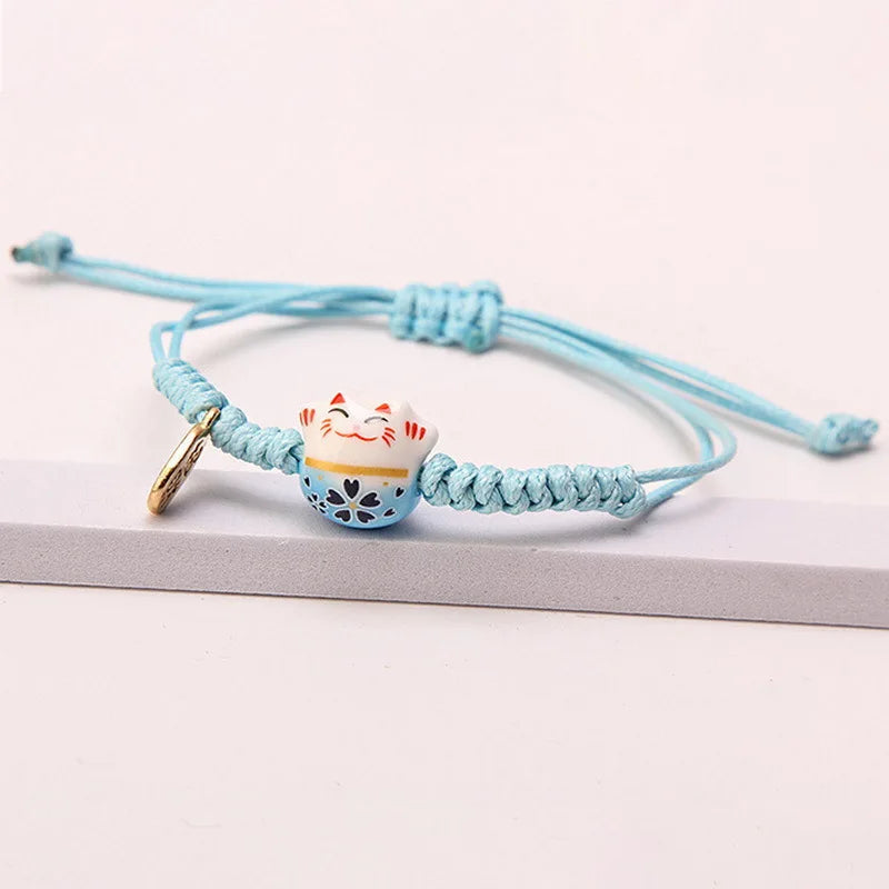 Einfaches geflochtenes Keramik-Glückskatze-Armband für Damen und Herren, mehrfarbig, niedliches Tier, handgestrickt, verstellbares Armband, Harajuku-Schmuck
