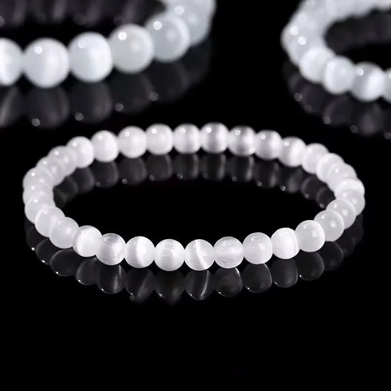 100 % natürliches weißes Katzenaugen-Stein-Armband für Damen, 6/8/10 mm, glattes Perlenarmband, Geschenke für Liebhaber, Mondstein-Armband