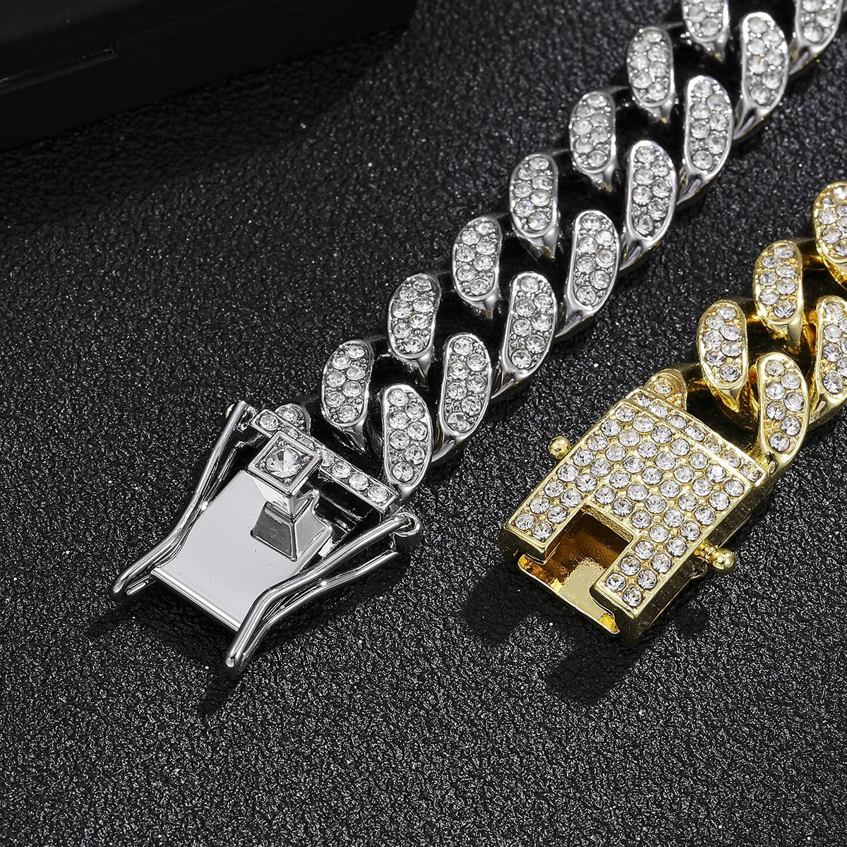 Volle Kristall Stein Kubanischen Kette Hip Hop Armband Für Männer Silber Farbe Metall Link Kette Strass Glück Verschluss Herren Armband