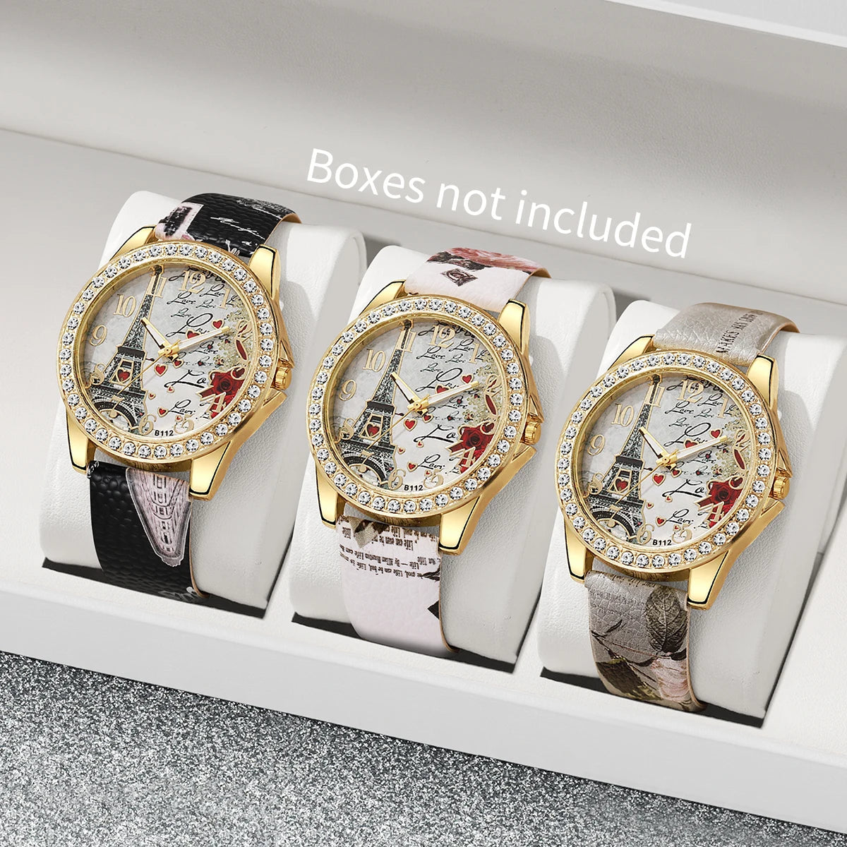 3/4/5PCS Mode Strass frauen Uhr Blumen Gedruckt Leder Band Weibliche Quarz Uhren Armbänder Set (ohne Box)