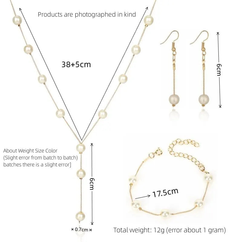 4 stücke Gold-farbe Halskette Ohrring Armband Set Damen Elegante Imitation-Perlen Sammlung Temperament Quaste Schmuck