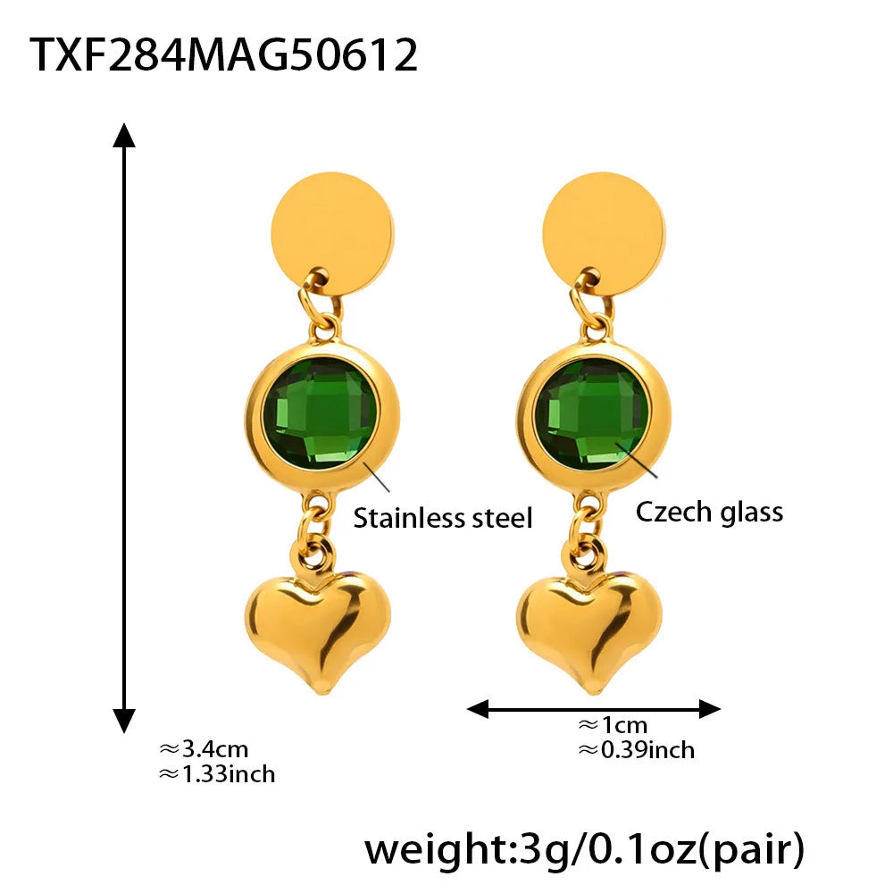 Edelstahl-Halskette, Armbänder, Ohrringe für Frauen, 6 Farben, Herz, facettierte tschechische Glas-Halsketten, Armband, baumelnde Ohrringe-Set