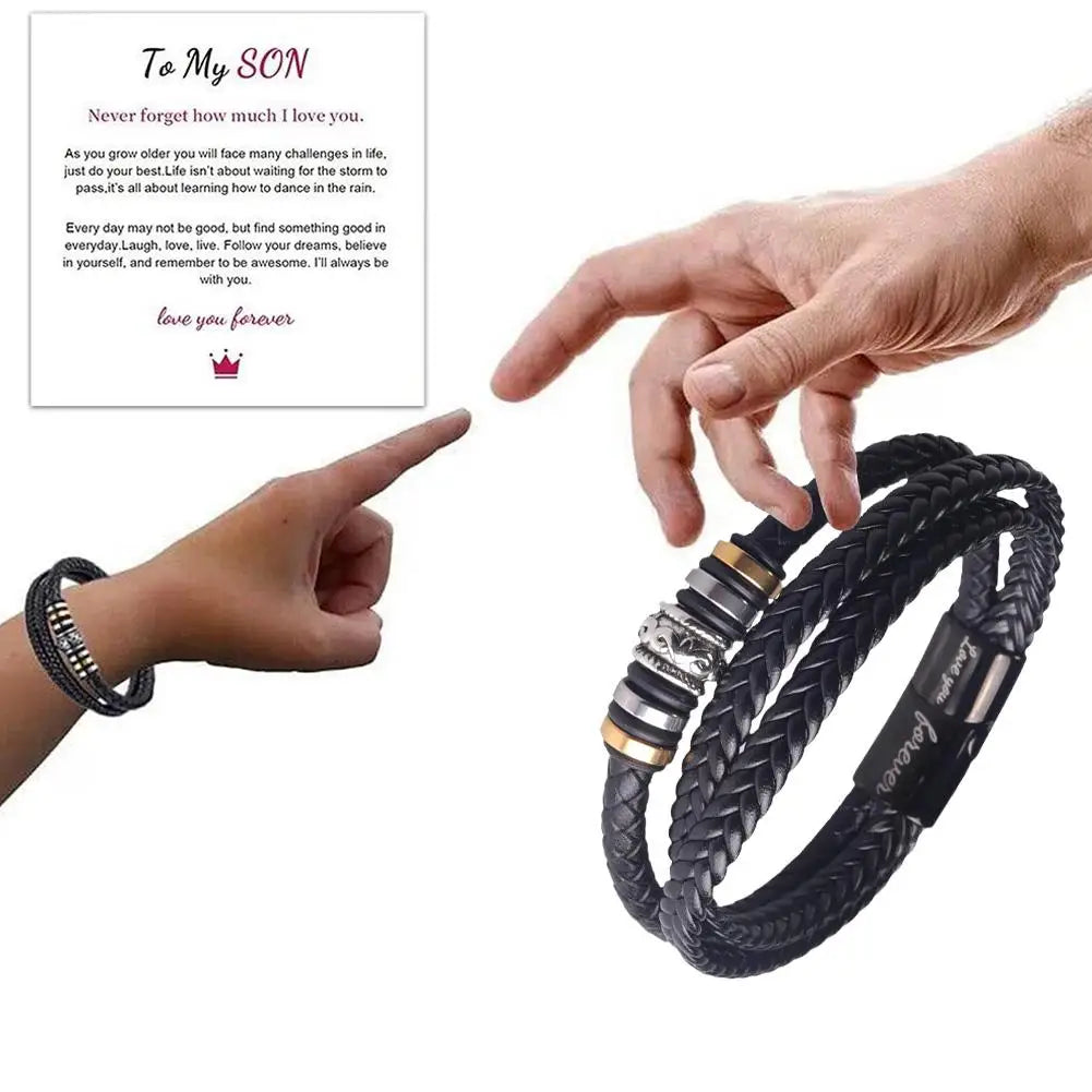 Zu meinem Sohn lieben Sie für immer Leder geflochtenes Armband mit Geschenk karte Männer Jungen mehr schicht ige gewebte Leder Seil Stahl Armband