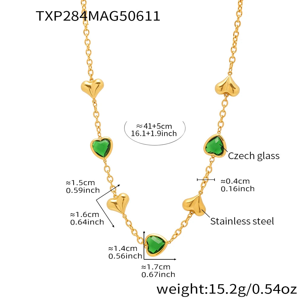 Edelstahl-Halskette, Armbänder, Ohrringe für Frauen, 6 Farben, Herz, facettierte tschechische Glas-Halsketten, Armband, baumelnde Ohrringe-Set