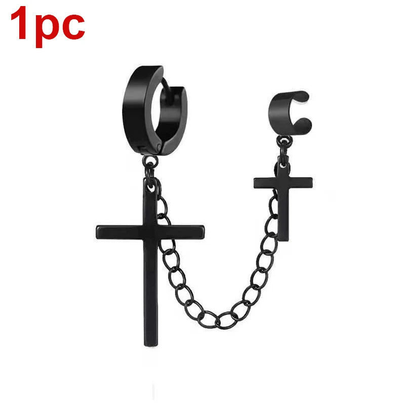 Punk Kreuz Quaste Ohrringe Frauen Integrierte Clip Stud Ohrring Christian Gothic Hip Hop Schmuck Metall Kette Ohr Ring Ohrring Männer