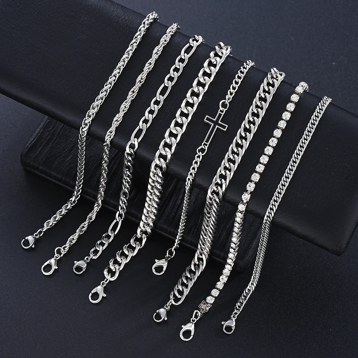 8Pcs Edelstahl Kreuz Kubanischen Armbänder Für Männer Frauen Punk Silber Farbe Kristall Twist Kette Armband Täglichen Verschleiß Mode