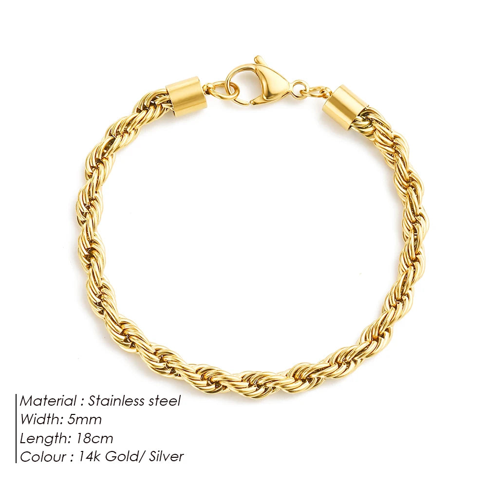 Emanco Edelstahl Twisted Rope Link Chain uneinstellbare Damen Hip Hop Punk 4mm Armbänder