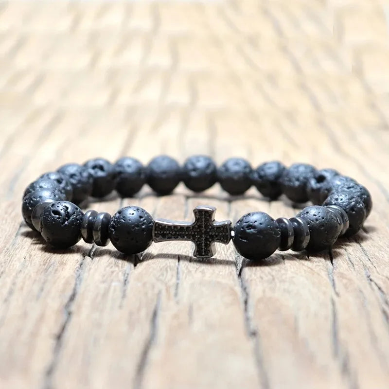 100 % natürliches vulkanisches Lava-Armband, schwarzes Zirkonia-Armband, neues einfaches modisches Kreuzarmband, Hämatit-Geschenk für Freund